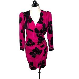 Flora Kung Silk Dress Womens Size 2 Petite Vintage Ties Floral Hot Pink Black